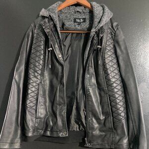 Mo-Ka Women's Meriam Knit Hood Vegan Leather Jacket Black/Grey Size Large